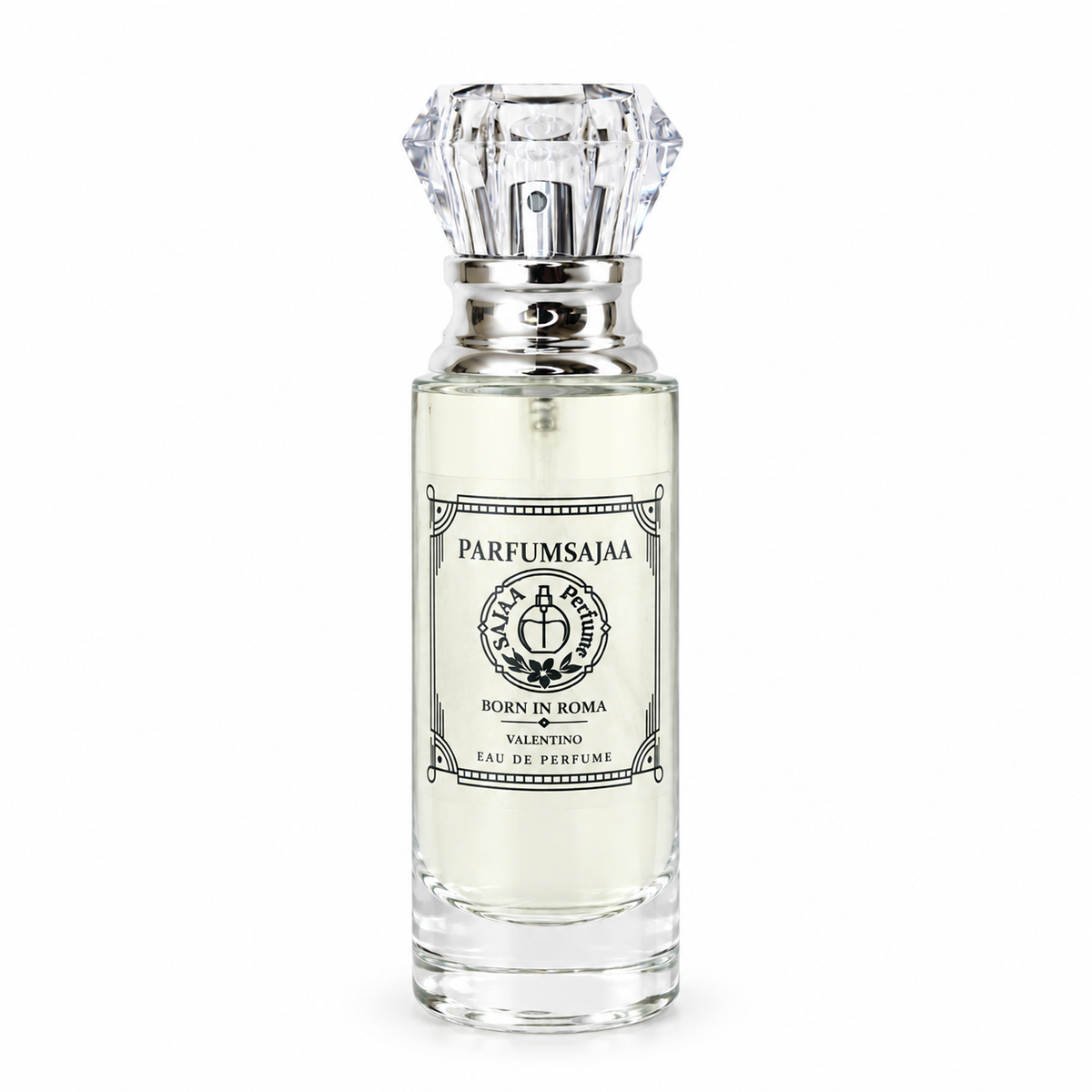 A clear glass perfume bottle with a silver-toned metal collar and a faceted clear cap, filled with pale liquid. The front label reads 'PARFUMSAJAA' and 'BOORN IN ROMA', with 'VALENTINO' below, on a plain white background.