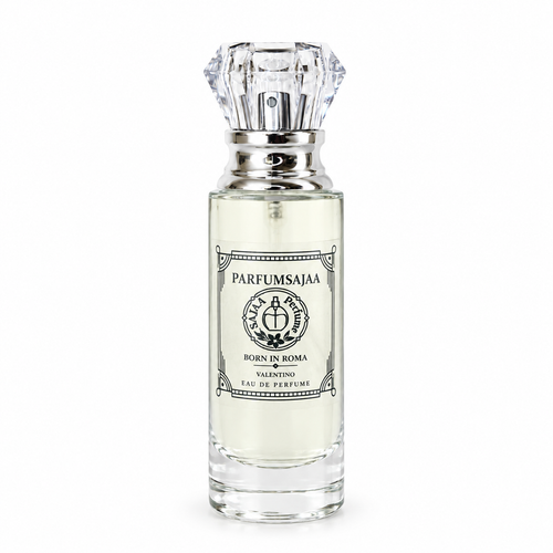 A clear glass perfume bottle with a silver-toned metal collar and a faceted clear cap, filled with pale liquid. The front label reads 'PARFUMSAJAA' and 'BOORN IN ROMA', with 'VALENTINO' below, on a plain white background.